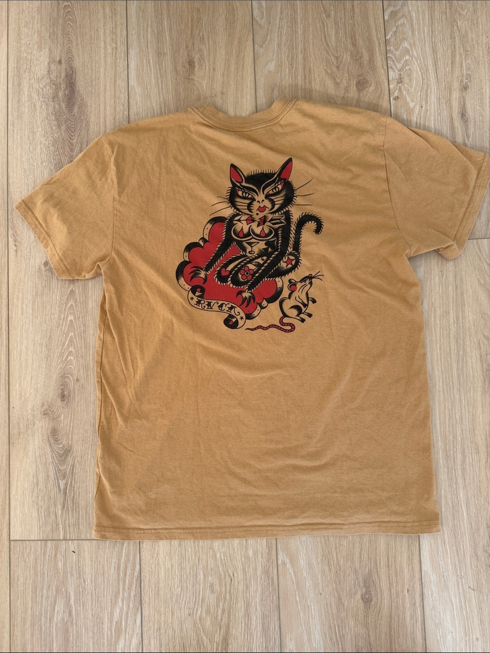 RVCA Men's Mustard Pocket Tee with Small Chest Graphic and large back graphic